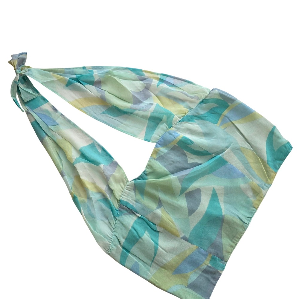 Sky to Moon Halter Top Womens Large Blue Green Abstract Print Festival Cropped